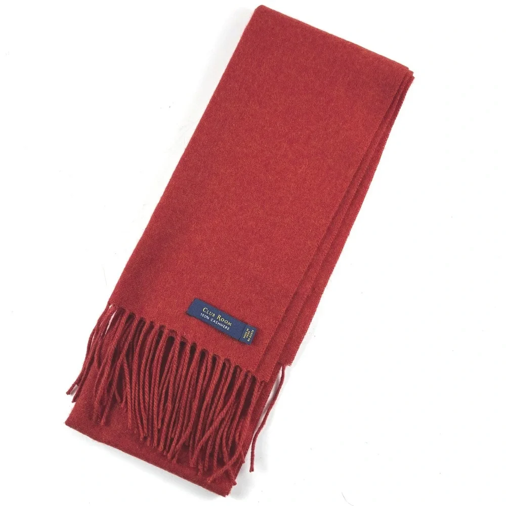 Club Room‎ Scarf Mens OS Red 100% Cashmere Fringe Solid Fall Winter Luxury Cozy